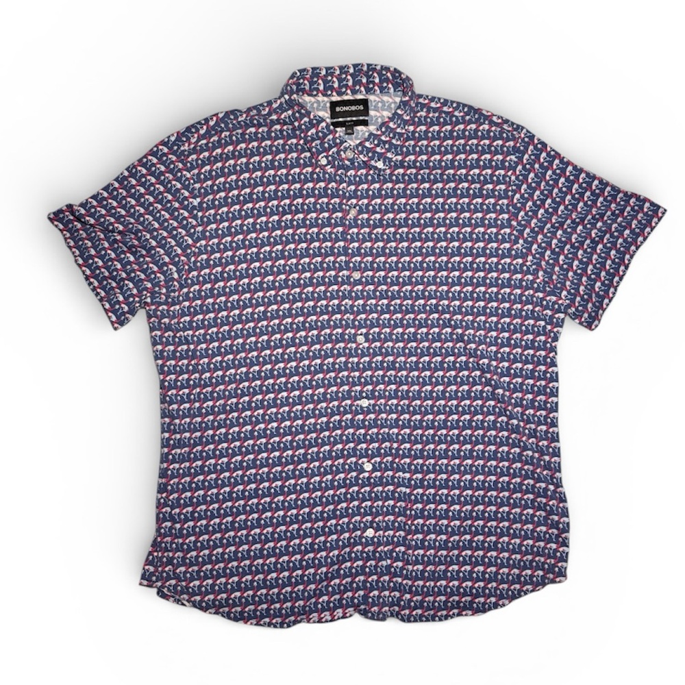 Bonobos Navy and Red Button Down Short Sleeve Mens Shirt Slim Fit XXL